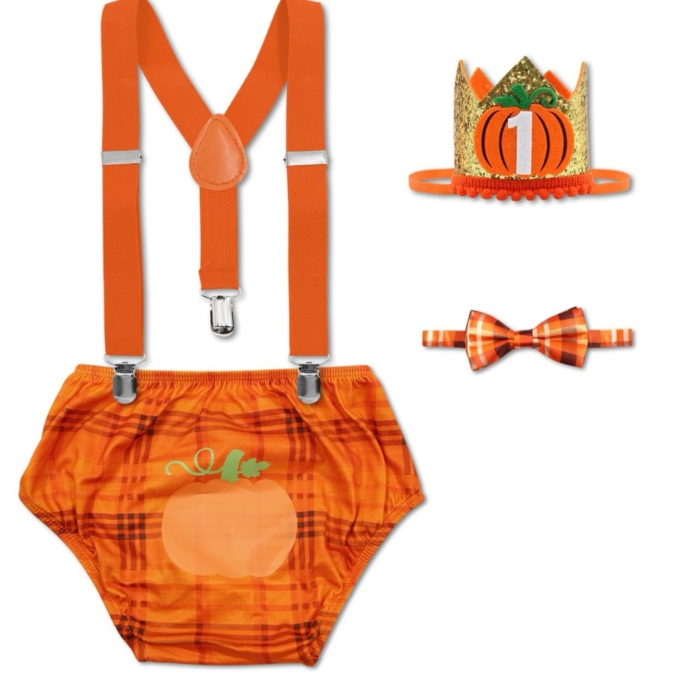 NWT Pumpkin 1st Birthday Cake Smash Outfit Baby Boy Fall Photo Prop Set